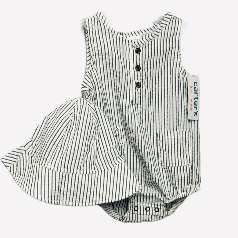 NWT Carter's Striped Baby Romper and Hat Set